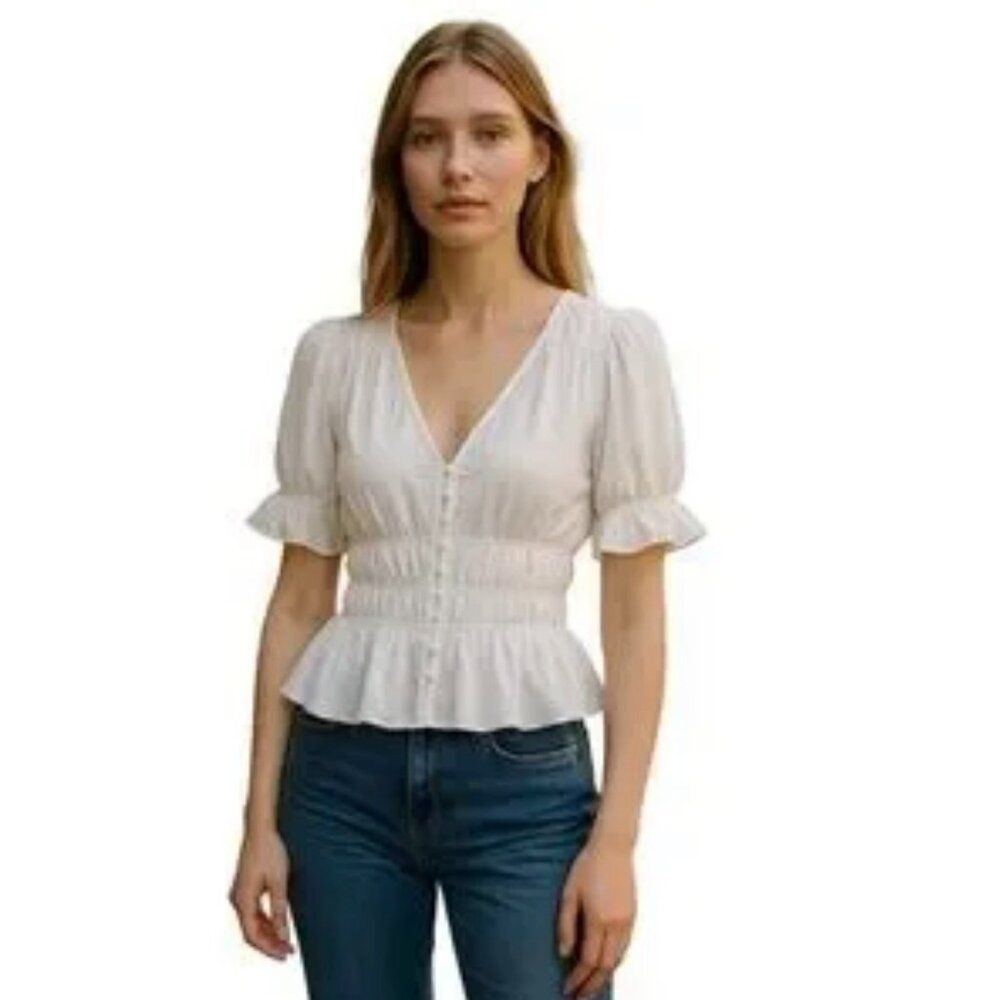 Kirious Women’s White Romantic Smocked Cropped Blouse Size S
